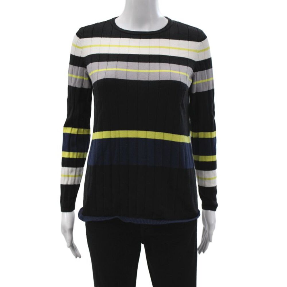 Belford Women Pullover Sweater Black Striped Crewneck Pima Cotton Size S